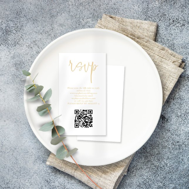 Modern Champagne Gold Script QR Code Wedding RSVP  Enclosure Card (Creator Uploaded)