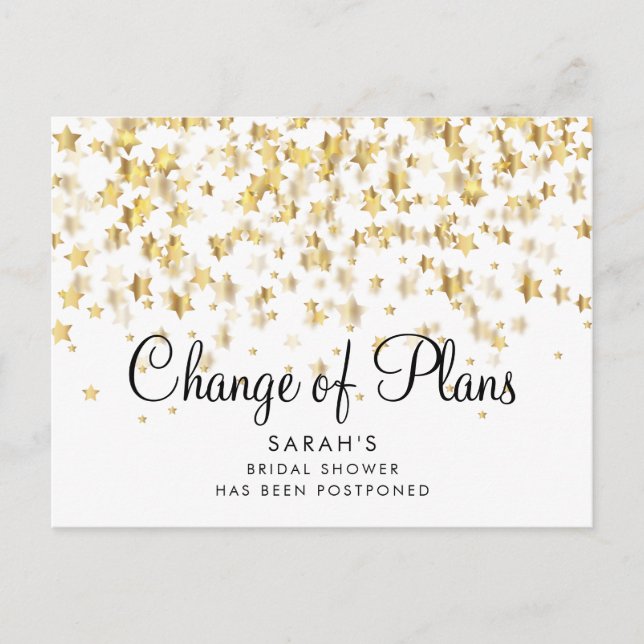 Modern Change of Plans Bridal shower Gold Stars Postcard (Front)