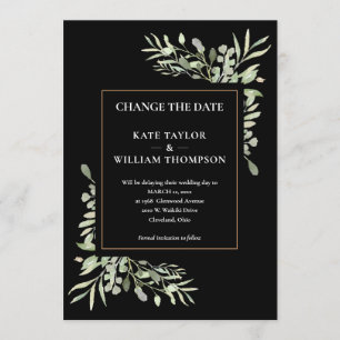 Modern Change the Date Gold Black Greenery Leaves Invitation
