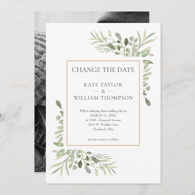 Modern Change the Date Watercolour Greenery Photo Invitation (Front/Back)