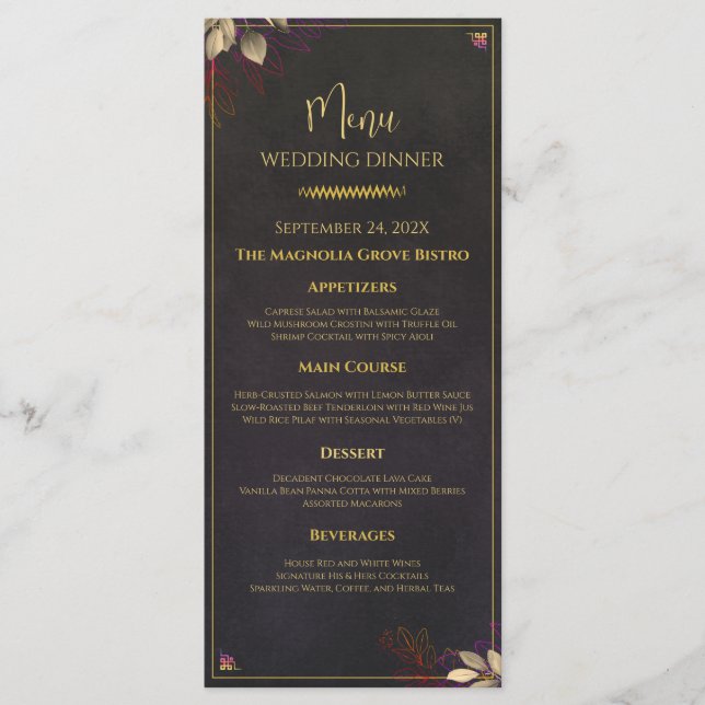 Modern Charcoal Black & Gold Wedding Dinner Menu (Front)