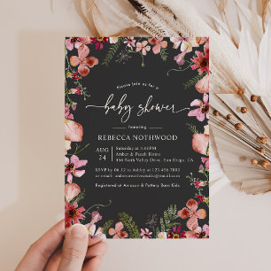 Modern Charcoal Boho Watercolor Floral Baby Shower Invitation