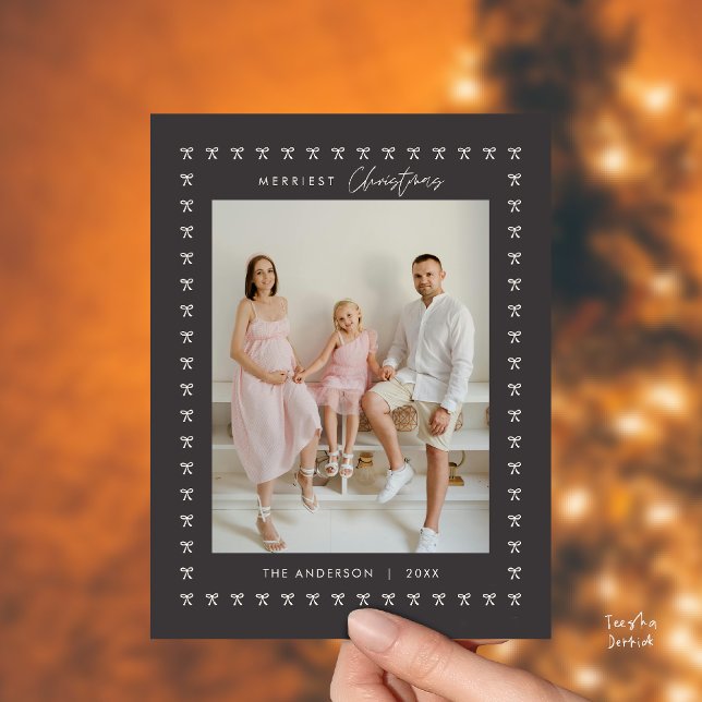 Modern Charcoal Bow Pattern Family Photo Christmas Postcard (Modern Charcoal Bow Pattern Family Photo Classy Elegant Christmas Postcard in Beige Background)