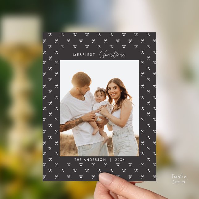 Modern Charcoal Bow Pattern Family Photo Christmas Postcard (Modern Charcoal Bow Pattern Family Photo Christmas Postcard in Vintage Charcoal Grey theme)