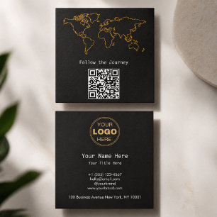 Modern Charcoal Gold World Map QR Digital Nomad Square Business Card