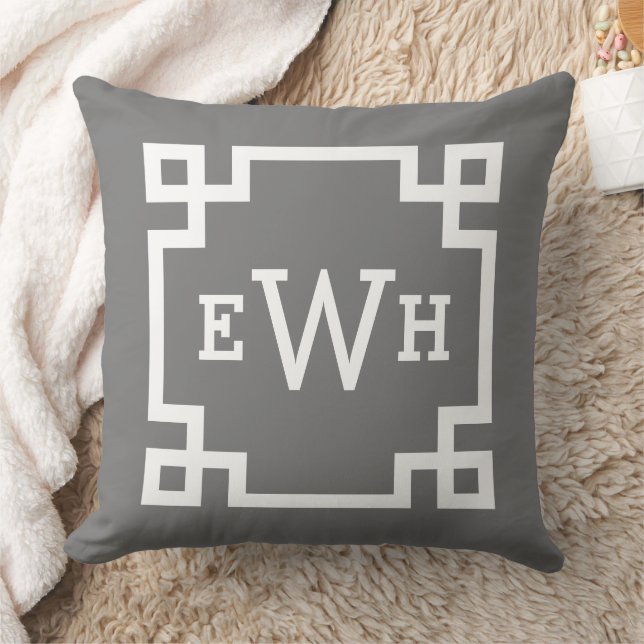 Modern Charcoal Greek Key Custom Monogram Cushion (Blanket)