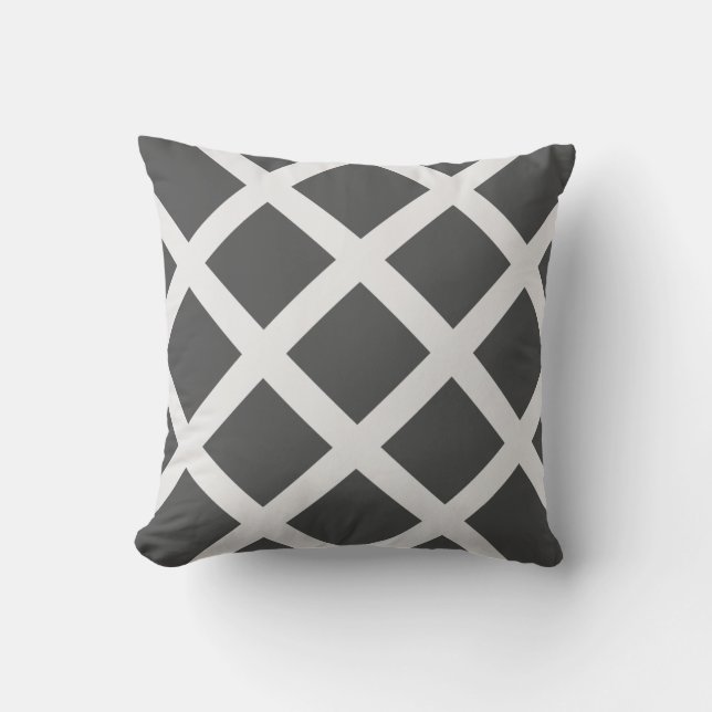 Modern Charcoal Grey and White Criss Cross Stripes Cushion (Front)
