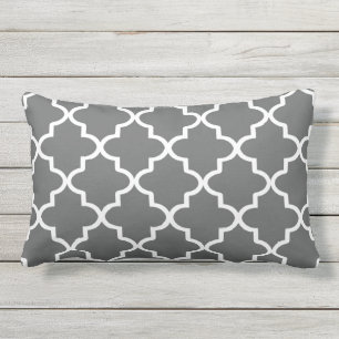 Modern Charcoal Grey and White Moroccan Quatrefoil Outdoor Cushion