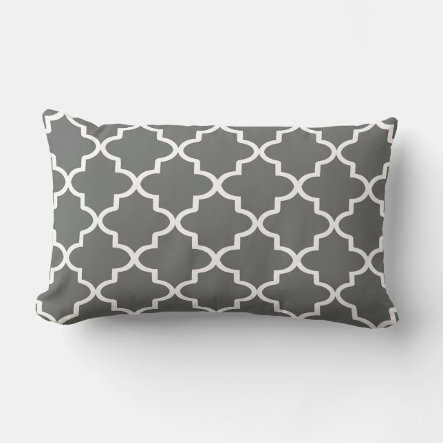 Modern Charcoal Grey and White Moroccan Quatrefoil Outdoor Cushion (Front)