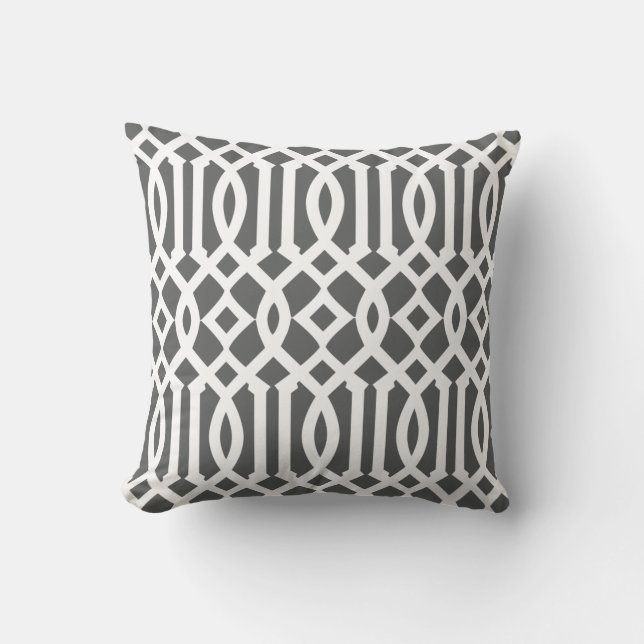 Modern Charcoal Grey and White Trellis Pattern Cushion (Front)