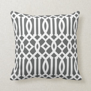 Modern Charcoal Grey and White Trellis Pattern Cushion