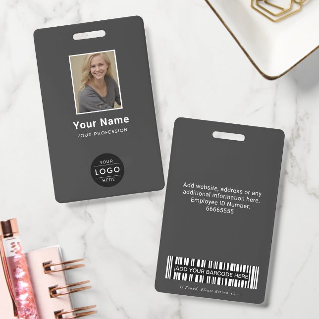 Modern Charcoal Grey Corporate Photo Logo Barcode ID Badge (Office)