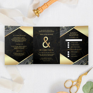 Modern Charcoal Grey Gold Marble Ampersand Wedding Tri-Fold Invitation