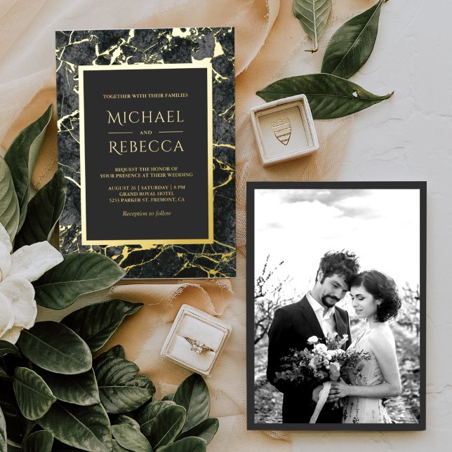 Modern Charcoal Grey Marble Photo Wedding Gold (Creator Uploaded)
