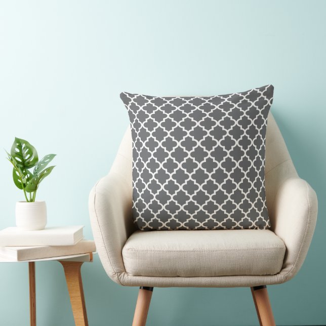 Modern Charcoal Grey Moroccan Quatrefoil Pattern Cushion (Chair)