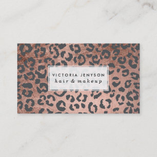 Modern charcoal grey rose gold leopard makeup business card
