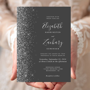 Modern Charcoal Grey Silver Glitter Edge Wedding Invitation