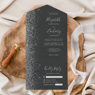 Modern Charcoal Grey Silver Glitter Wedding All In One Invitation
