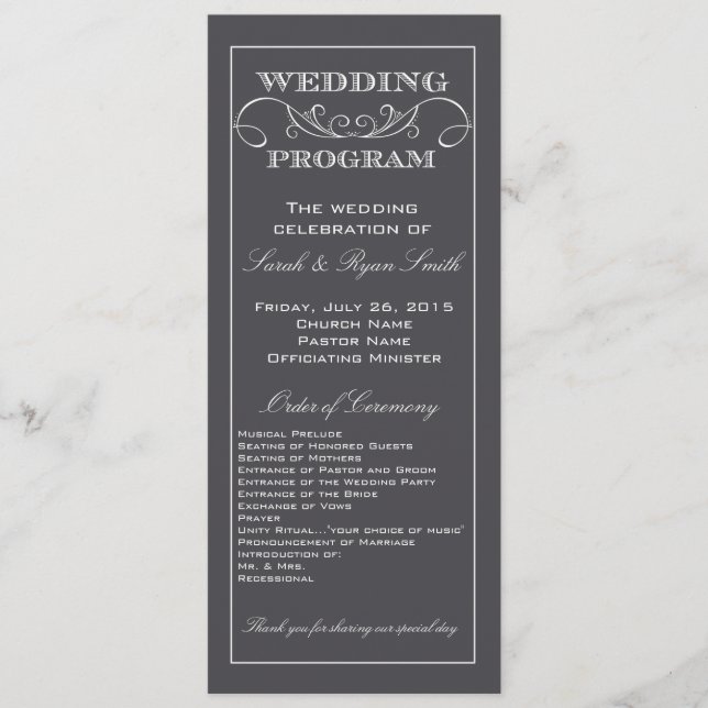 Modern Charcoal Grey Swirl Wedding Program Programme (Front)