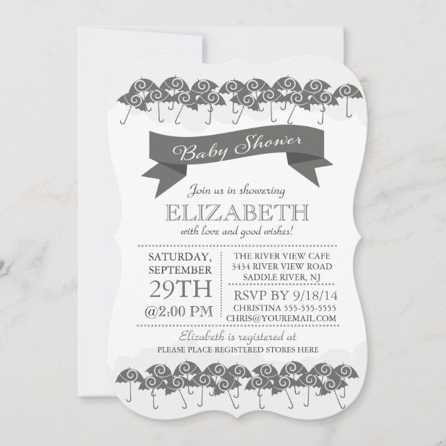 Modern Charcoal Grey Umbrella Neutral Baby Shower Invitation (Front)