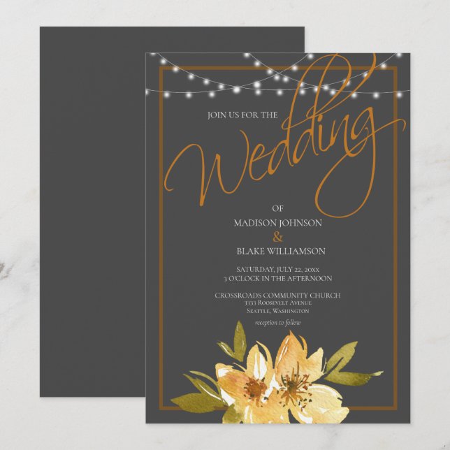 Modern Charcoal Grey, Yellow and Copper Wedding Invitation (Front/Back)