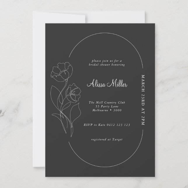 Modern Charcoal Minimalist Floral Bridal Shower Invitation (Front)