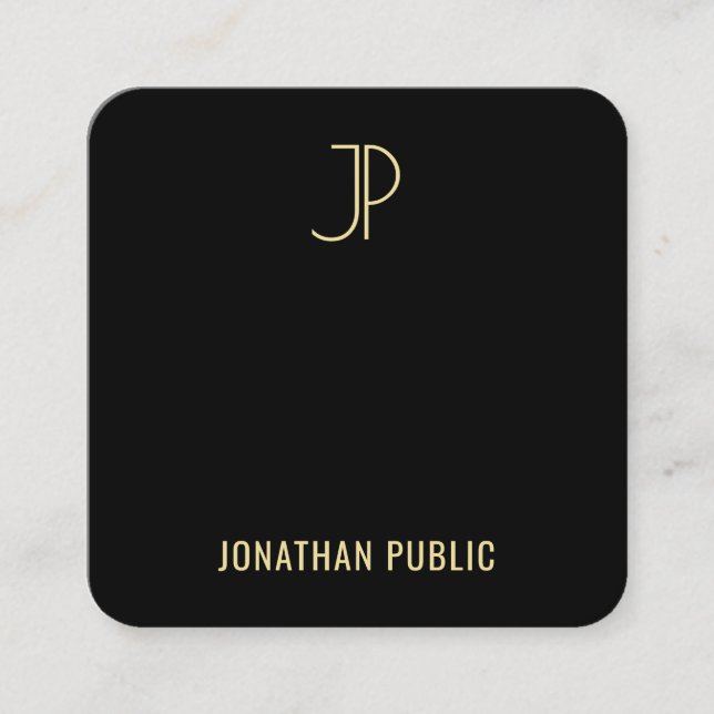 Modern Charming Black Gold Monogram Template Luxe Square Business Card (Front)