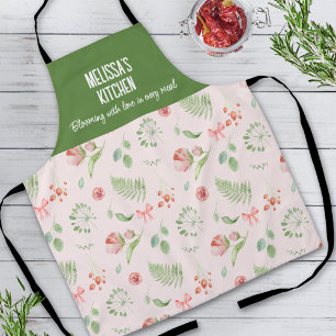 Modern Charming Pink Green Floral Pattern Apron