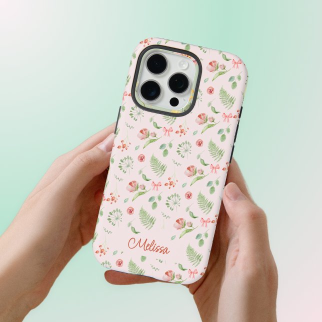 Modern Charming Pink Green Floral Ribbon With Name Case-Mate iPhone Case (Creator Uploaded)