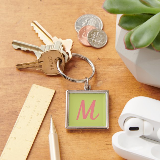 Modern Chartreuse Green and Coral Pink Monogram Key Ring (Desk)