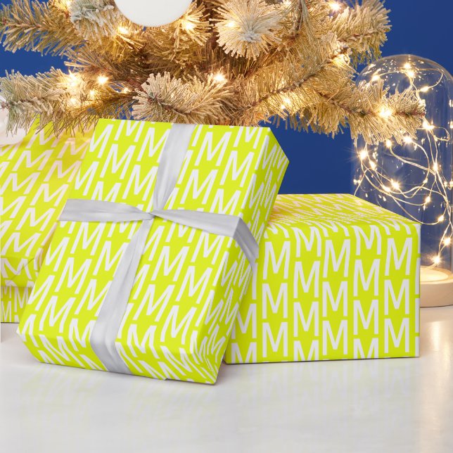 Modern chartreuse green white custom monogram gift wrapping paper (Holidays)