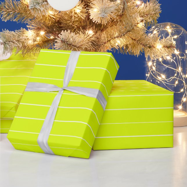 Modern chartreuse neon green and white stripes wrapping paper (Holidays)