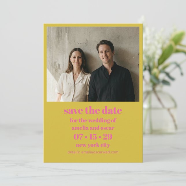 Modern Chartreuse Pink Yellow Bold Photo Wedding Save The Date (Standing Front)