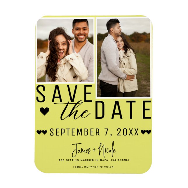 Modern Chartreuse Save the Date 2 Photo Wedding Magnet (Vertical)