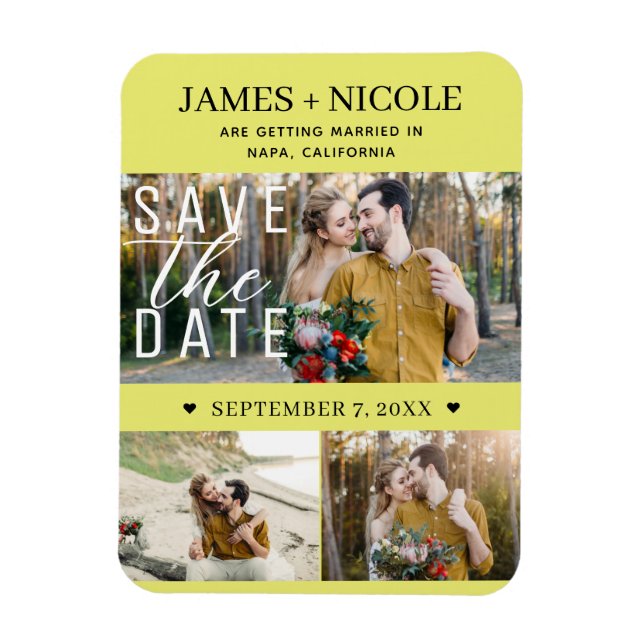 Modern Chartreuse Save the Date Wedding 3 Photos Magnet (Vertical)