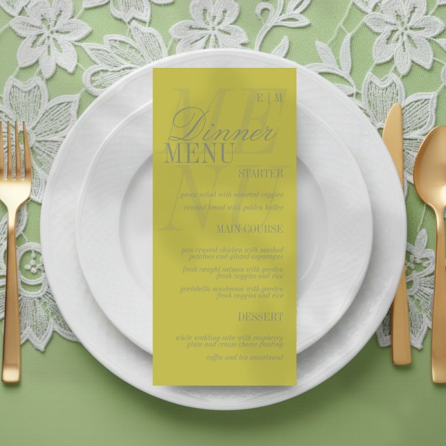 Modern Chartreuse Script Formal Wedding Menu (Set the dinner tables of your big day with this Modern Script Citrus Green Formal Wedding Menu! )