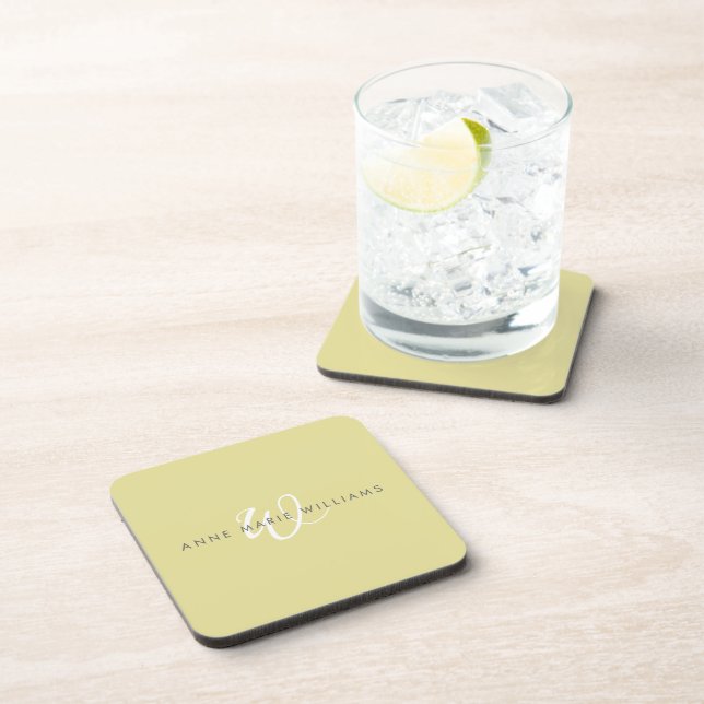 Modern Chartreuse White Script Monogram Coaster (Right Side)