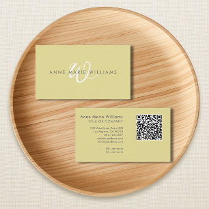 Modern Chartreuse White Script Monogram QR Code Business Card
