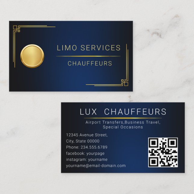 Modern Chauffeur Driver Royal Gold Border QR Code Business Card (Front/Back)