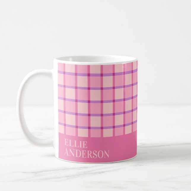 Modern Checker Pink Purple Personalized Coffee Mug (Left)