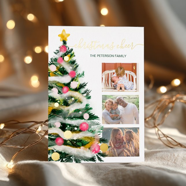 Modern Cheer Christmas tree watercolor 3 photos Foil Holiday Card (Modern Cheer Christmas tree watercolor 3 photos Foil Holiday Card)