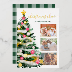 Modern Cheer Christmas tree watercolor 3 photos Foil Holiday Card