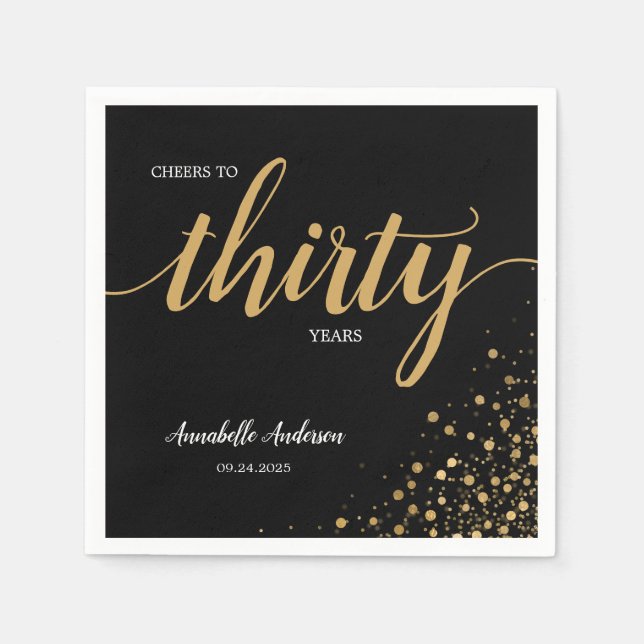 Modern Cheers Black Gold Confetti 30th Birthday Napkin (Front)