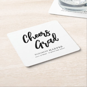 Modern Cheers Grad Brush Script Graduation Square Paper Coaster