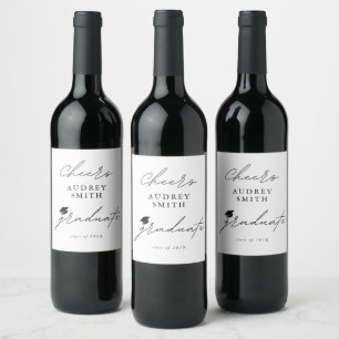 Modern Cheers Graduate Script Graduation Hat Wine Label