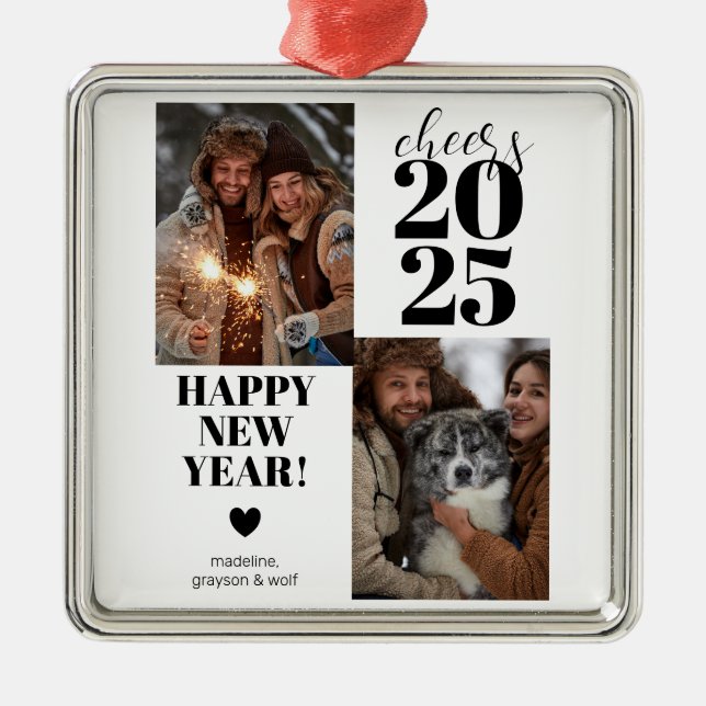 Modern Cheers Happy New Year Photo Metal Tree Decoration (Front)