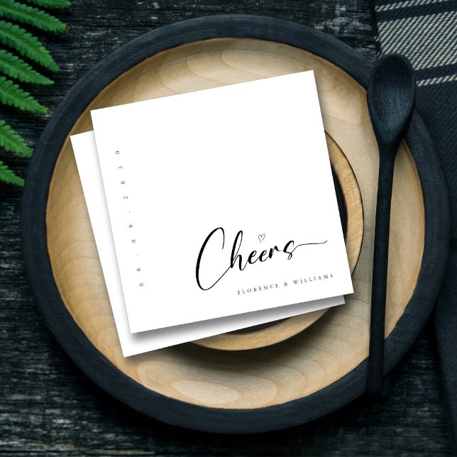 Modern Cheers Minimalist Black & White Wedding Napkin (Personalized Hand-Lettered Black and White Wedding Napkins)