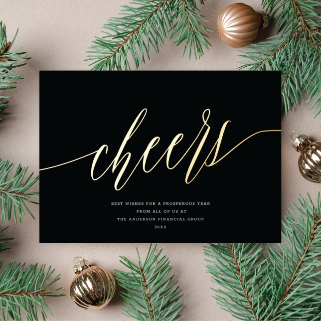 Modern Cheers Non-Photo Business Black Gold Foil Holiday Card (Creator Uploaded)