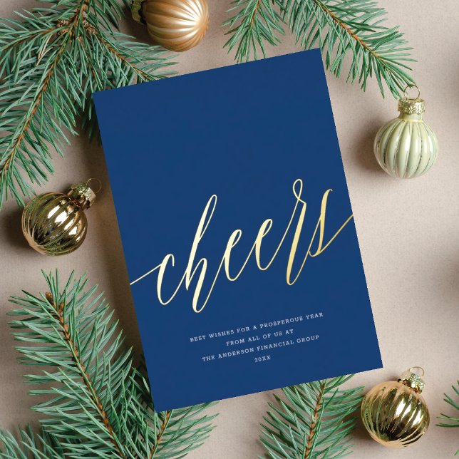 Modern Cheers Non-Photo Business Blue Christmas  Foil Holiday Card (Creator Uploaded)