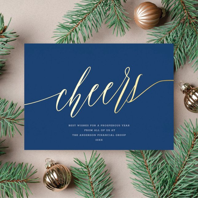 Modern Cheers Non-Photo Business Navy Blue Gold Foil Holiday Card (Creator Uploaded)